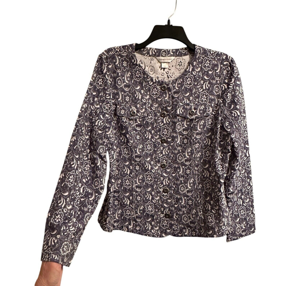 Christopher Banks Floral Jacket Womens Large Blue White Long Sleeves 6-Pockets